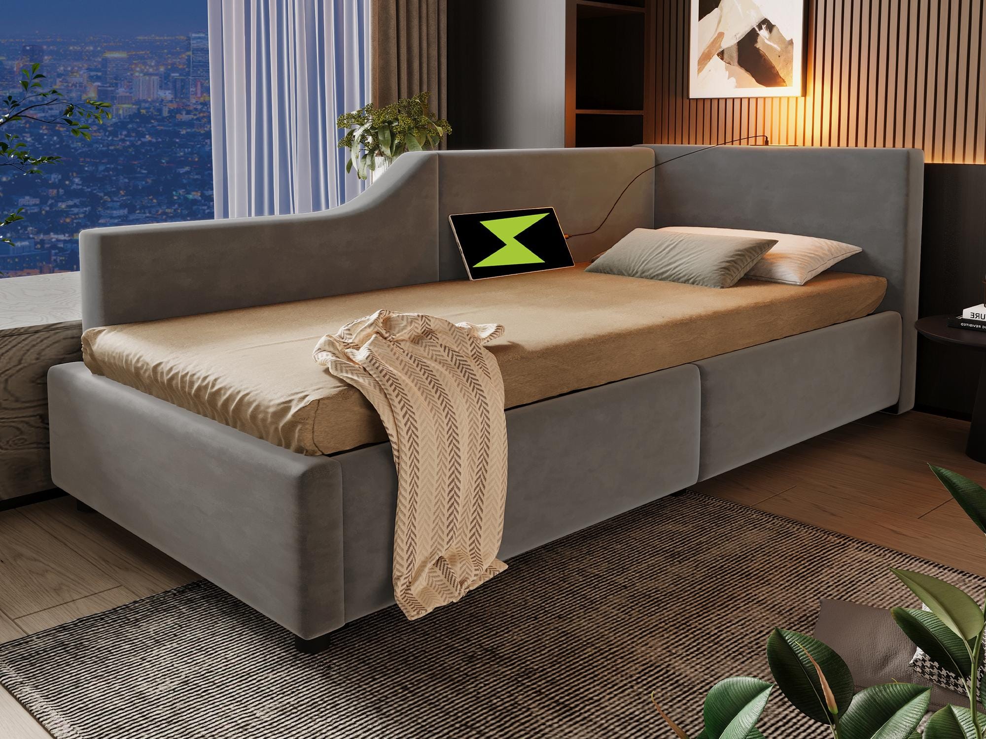 Letto Singolo 90x190 Cm Con Contenitore - Divano Letto Imbottito, Luci E USB, Testiera In Velluto - Foto 7
