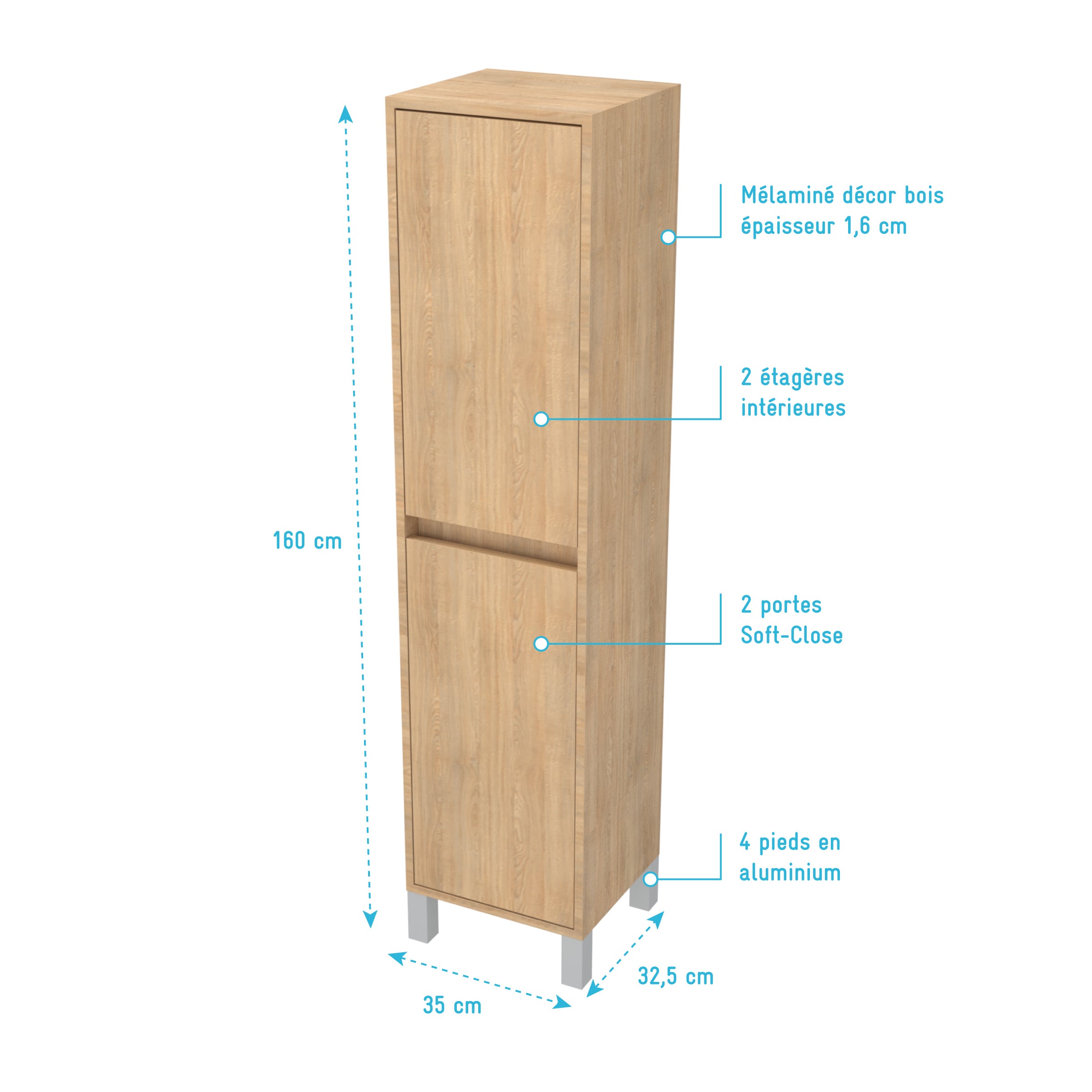 Colonna per mobile bagno Rovere Chiaro con Piedi - Altezza 160 cm - 2 Ante - XENOS - 4