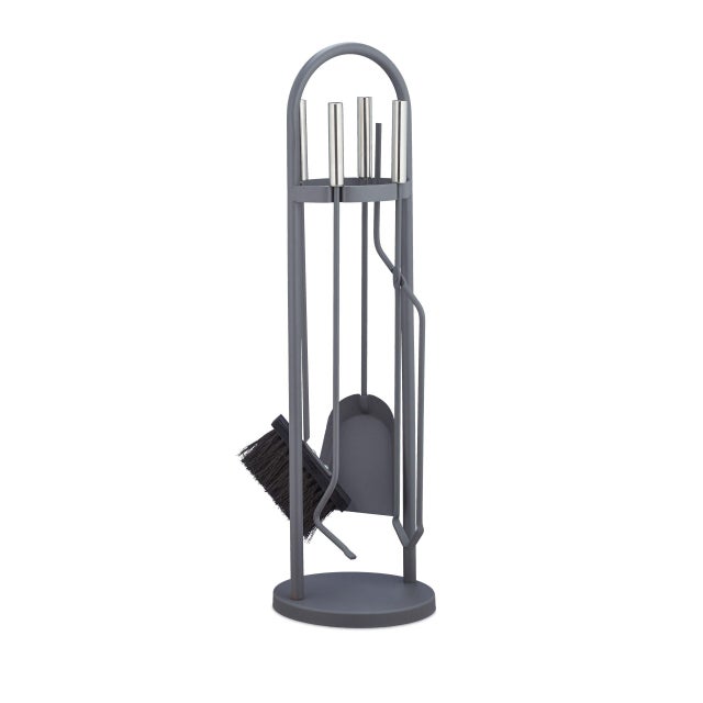 Ensemble serviteur de cheminée 5 pièces accessoire pelle balai pince support tisonnier gris 13_0002447