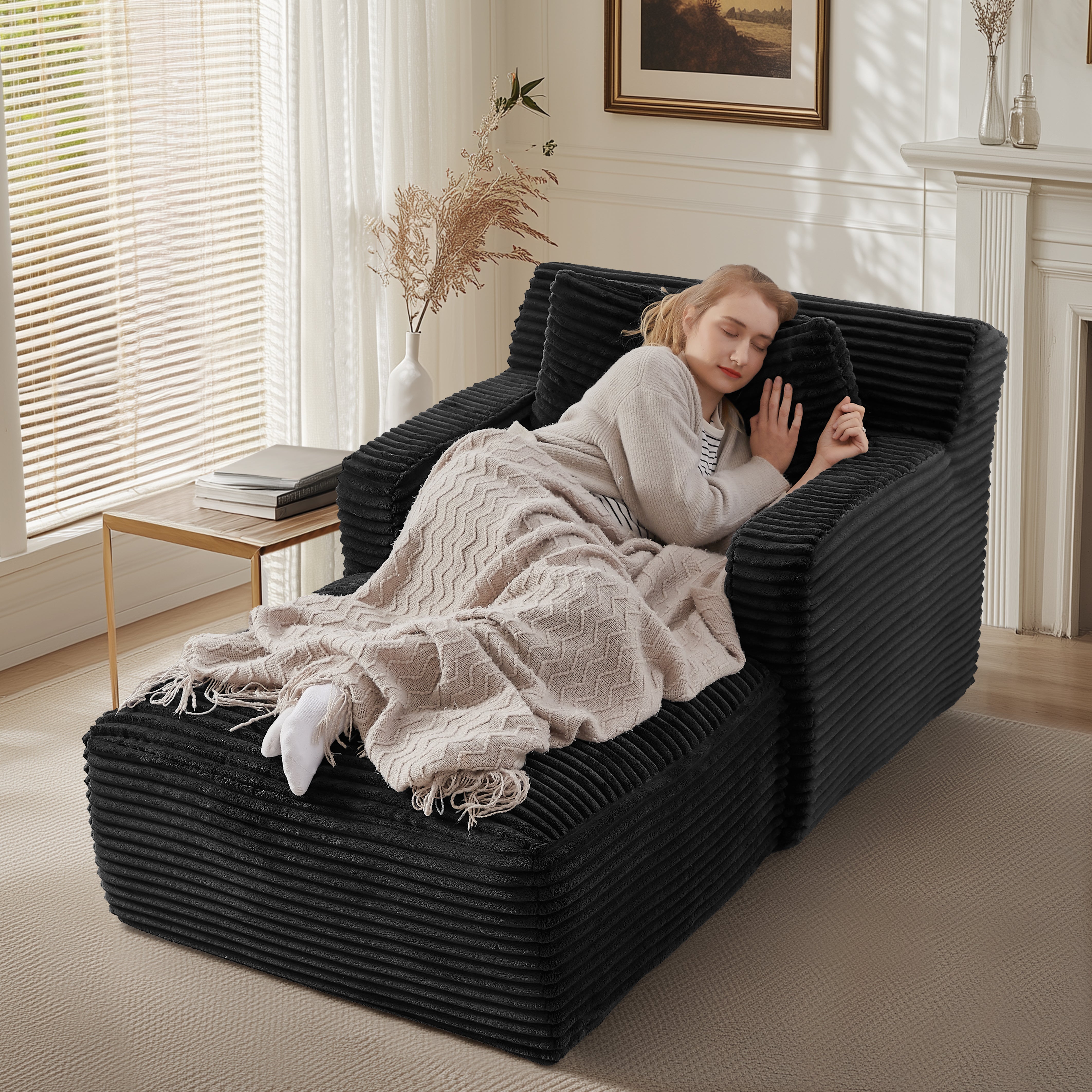 Canapé 1 Place Inclinable En Velours Côtelé – Canapé-Lit Confortable Pour Salon, Bureau Ou Appartement (Noir)