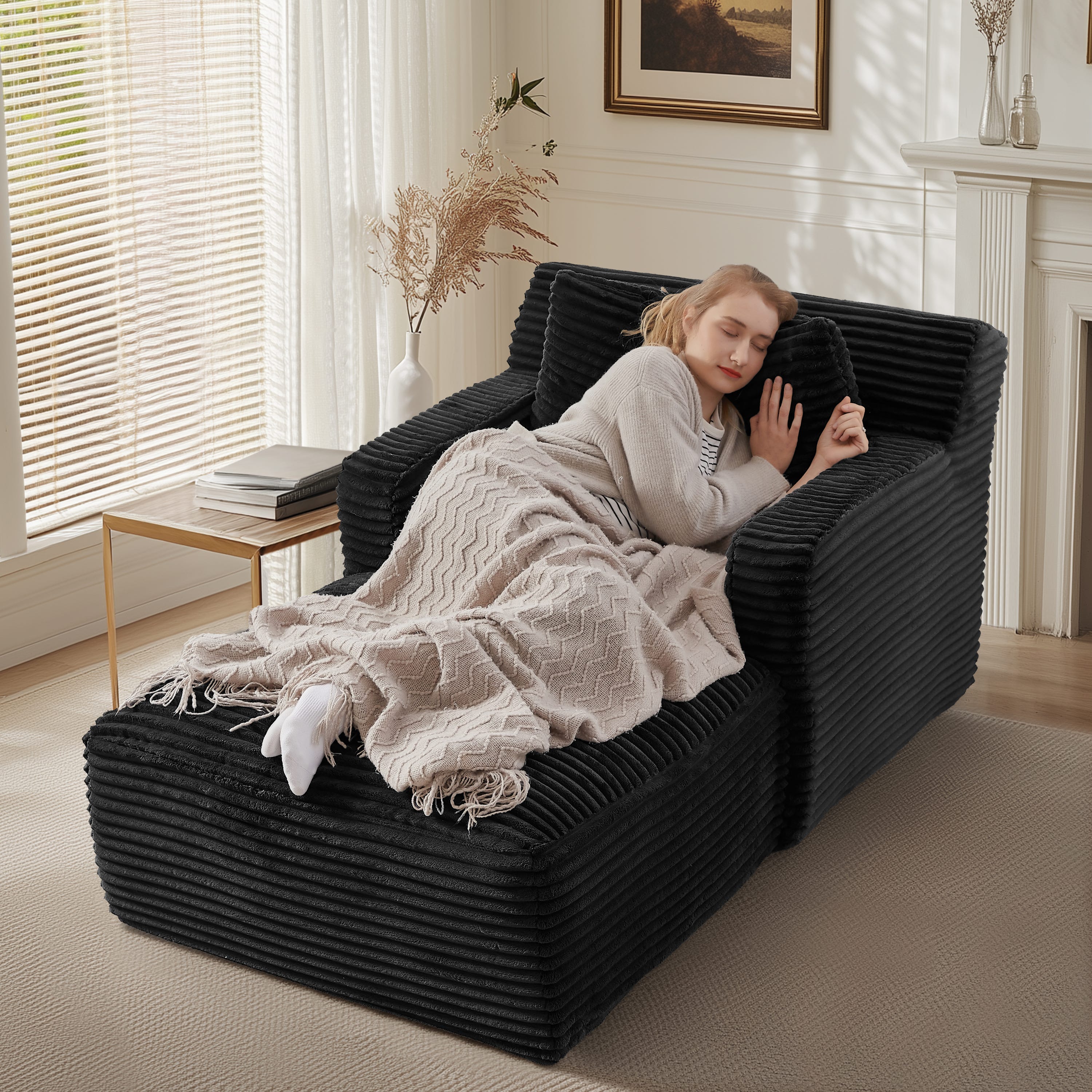 Canapé 1 Place Inclinable En Velours Côtelé – Canapé-Lit Confortable Pour Salon, Bureau Ou Appartement (Noir)