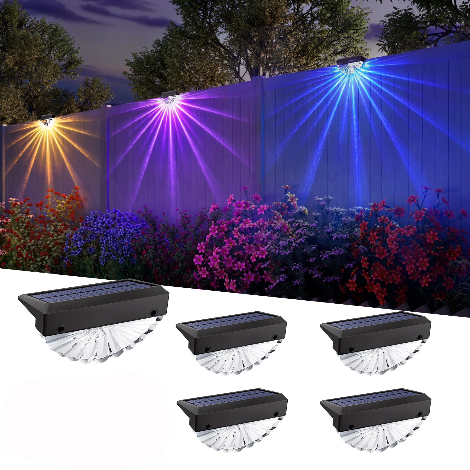 Zestaw 4 lamp solarnych na taras, wodoodporne oświetlenie solarne do ogrodzenia, oświetlenie schodów, bezprzewodowe oświetlenie solarne 7 kolorów