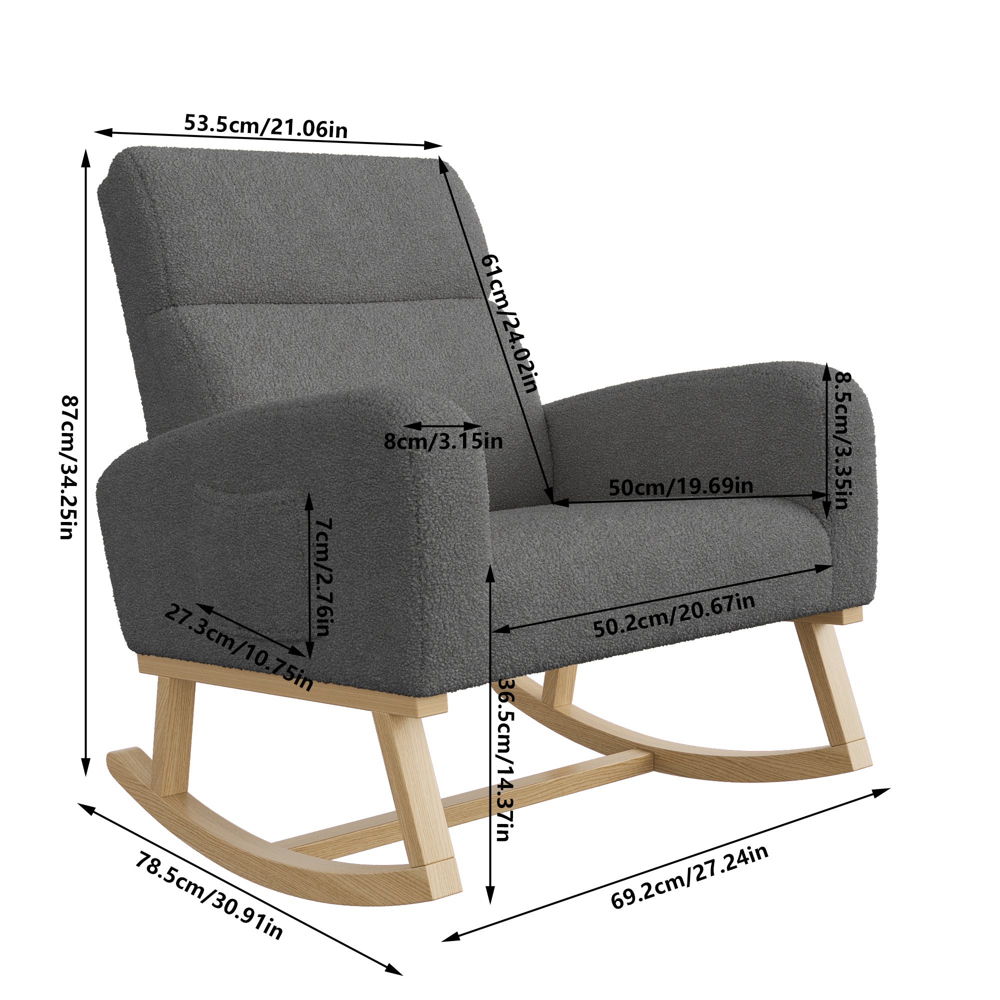 Fauteuil a Bascule, Chaise a Bascule Allaitement avec Poches Latérales et Base en Bois, Fauteuil Rocking Chair interieur extérieur pour Chambre, Gris - 2