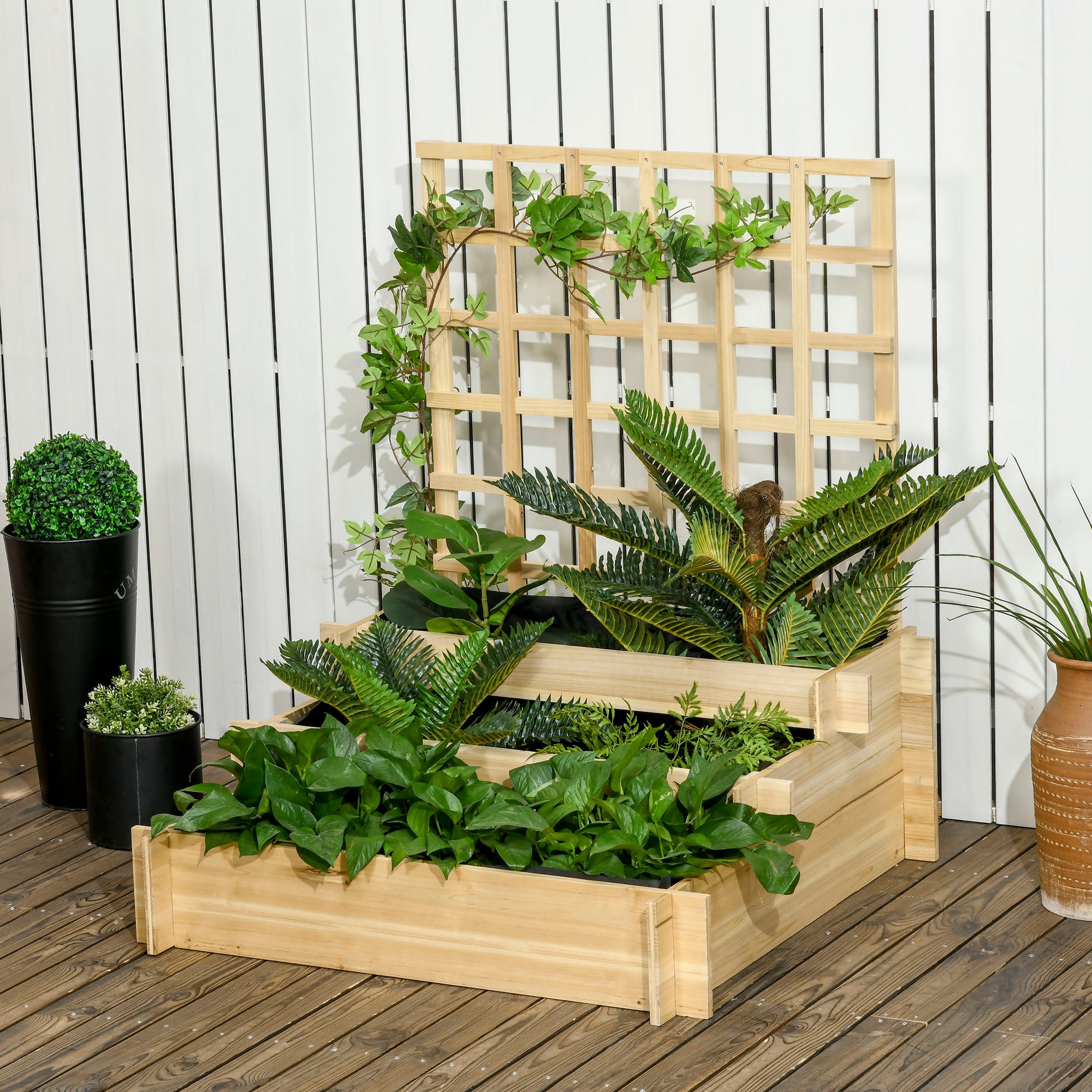 Carré potager jardinière à 3 étages avec treillis lit surélevé en bois pour plantes grimpantes légumes fleurs naturel - 4