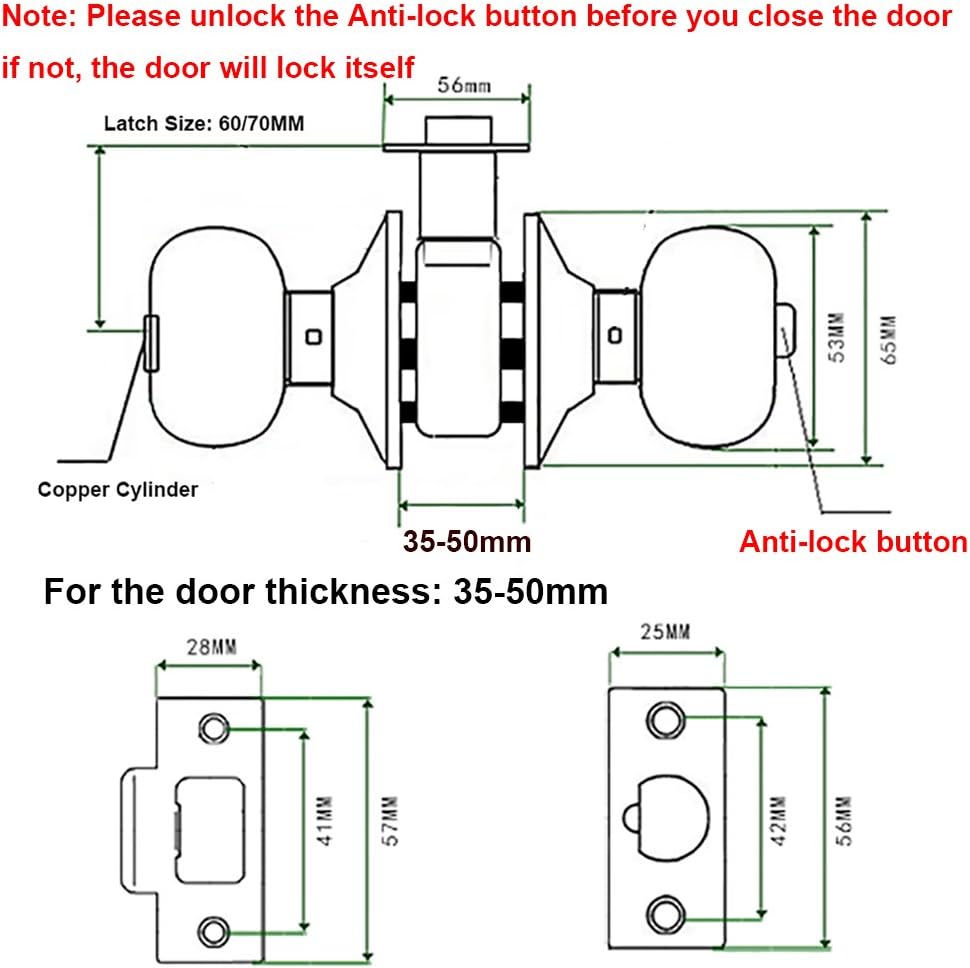 Poignée De Porte, Ronde Bouton Serrure Verrouillage Porte, Verrouillage par clés, Taille du loquet 60 / 70mm - 4