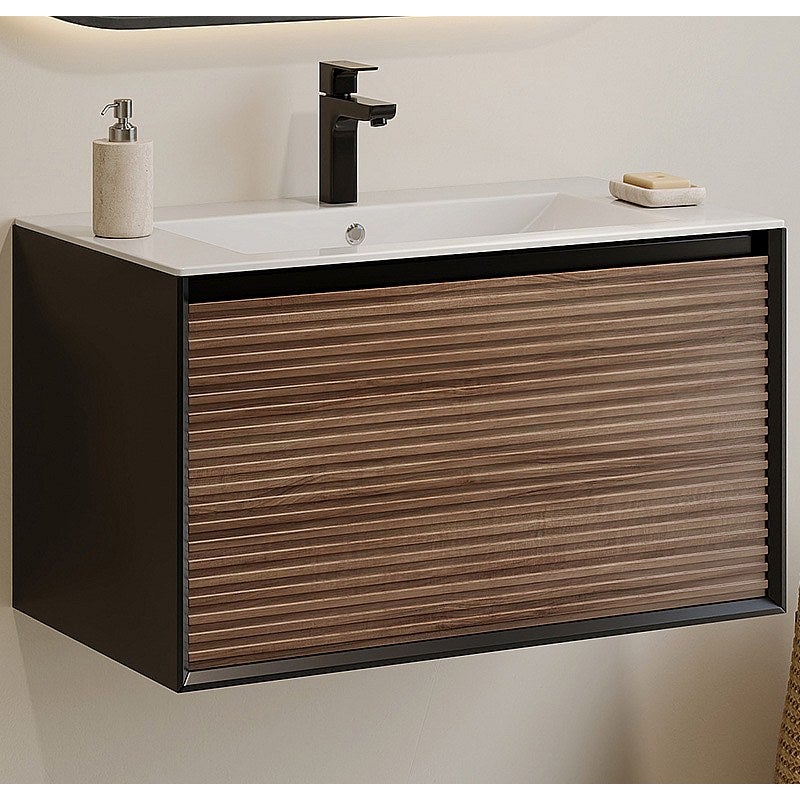 Szafka łazienkowa wisząca ryflowana z umywalką wpuszczaną w blat - Naturalny ciemny i czarny - 80 cm - BANIVA