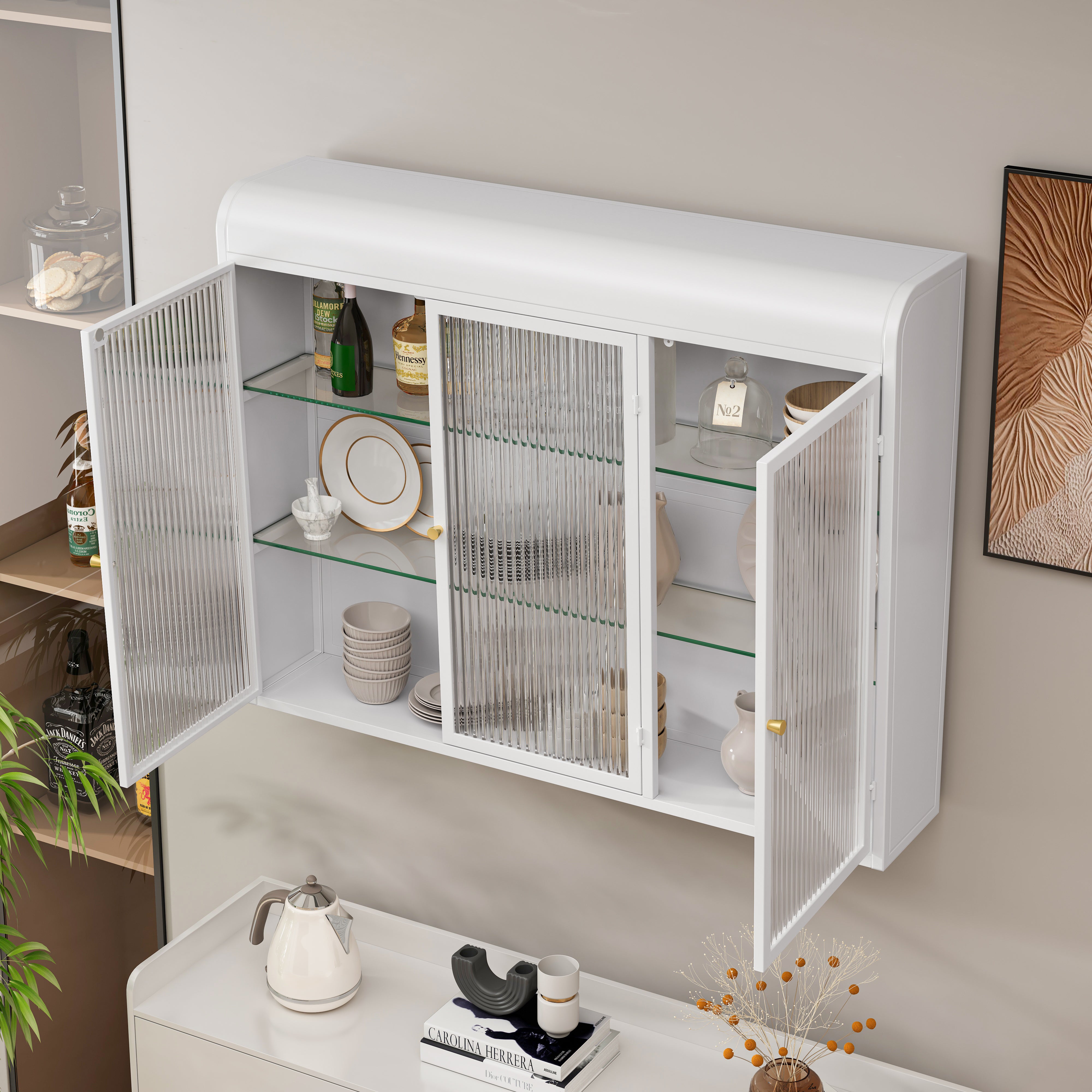 Rantry Armoire Murale à Suspendre Blanche 69,5 X 34 X 90 Cm - Vitrine Rangement Cuisine, Salon Ou Bureau