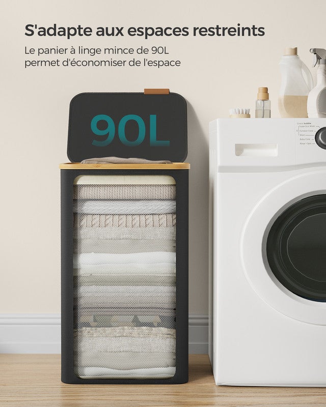 Panier à Linge Mince avec Couvercle, 90L, Doublure en Maille Amovible, Poignées en Bambou, Pliable, 42 x 32 x 70,5 cm, Noir d'Encre - 3