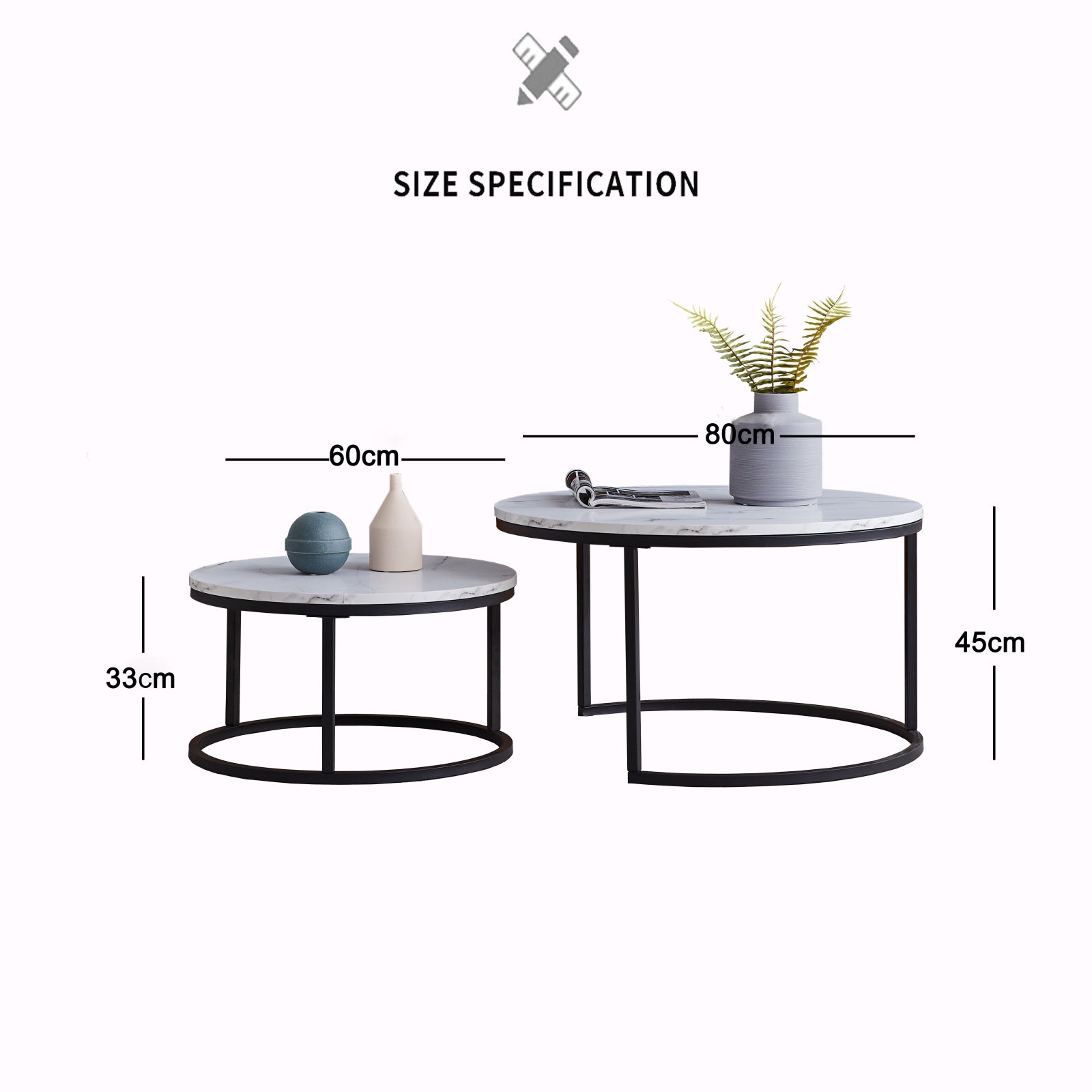 Table Basse Ronde Ensemble de 2, Ensemble Moderne de Tables Basses, Cadre en Métal, Table à Café, Adapté pour Salon, Balcon, Blanc+Noir - 2