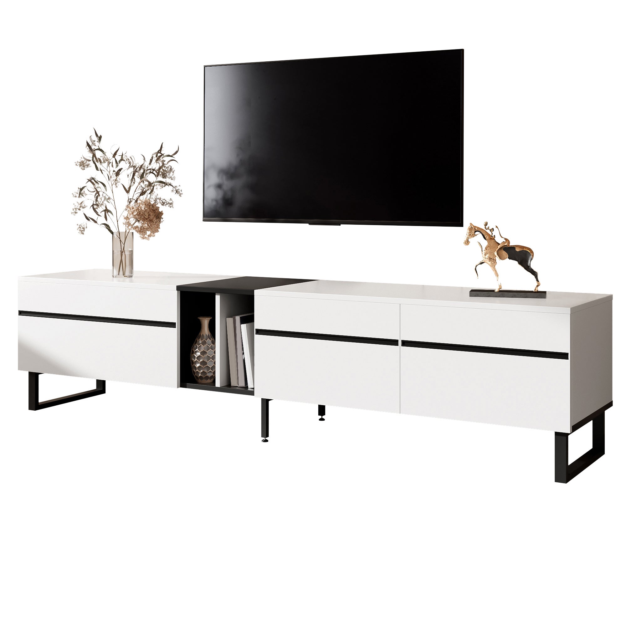 Stolik pod TV z 3 drzwiami i 2 półkami - 180 x 38 x 45 cm - Płyta wiórowa - Biały - 2