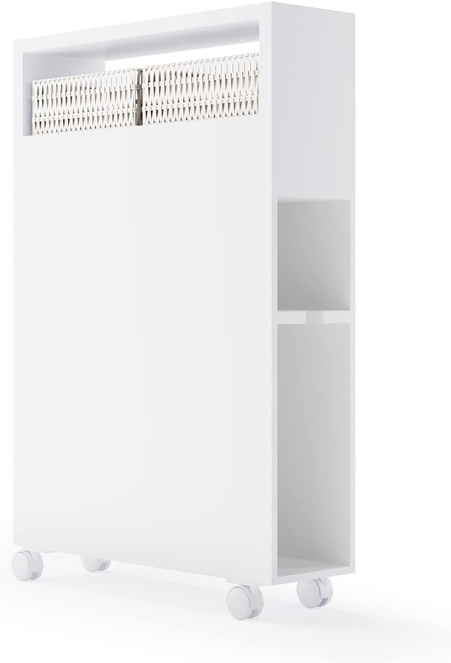 Mobilna Szafka Łazienkowa, 50 x 19 x 72 cm, Wielofunkcyjna Szafka z 2 Szufladami, 2 Koszami z Rattanu i 4 Uniwersalnymi Kółkami, Biała