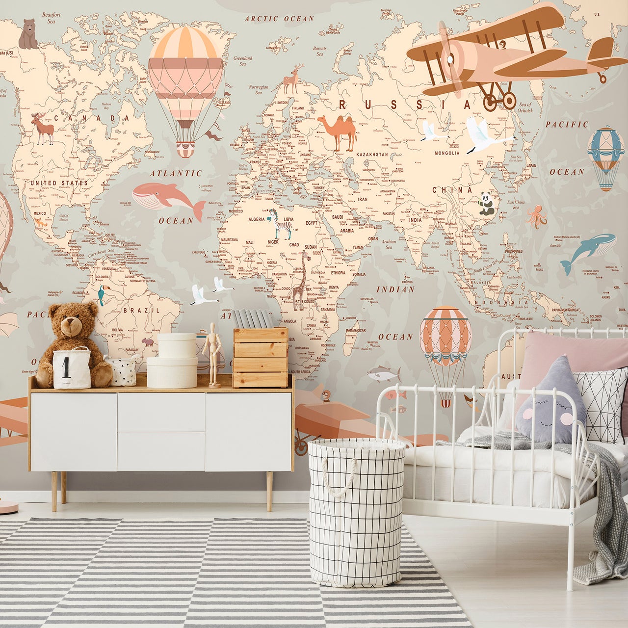 Papier Peint Enfant Intissé Panoramique Carte du monde Animaux 300x210 cm - Colle Inclus - Chambre Enfant - Moderne Trompe l'oeil - 2