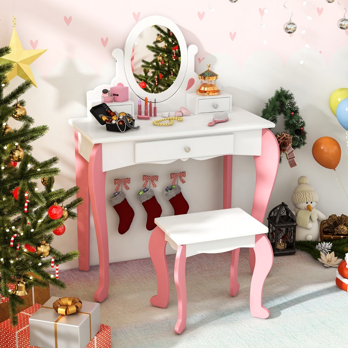 Costway Coiffeuse Pour Enfants 2 En 1 Avec Miroir Amovible, Bureau