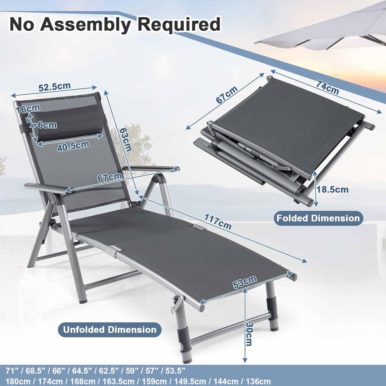 Chaise Longue Pliable en Aluminium avec Dossier Réglable en 8 Positions, Transat Inclinable Extérieur avec Pieds Antidérapants à 2 Positions - 3