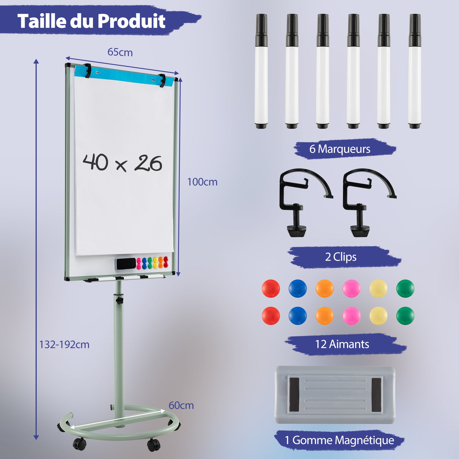 Tableau Blanc Effacable 65x100cm, Tableau Blanc Double Face, Hauteur Réglable sur 2 Positions,Tableau Magnetique Mobile (65x100cm, Vert) - 3