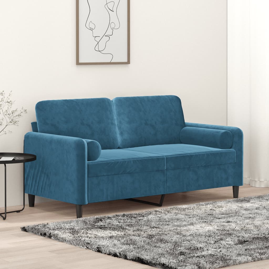 Sofá de 2 plazas con cojines decorativos azules 140 cm de terciopelo