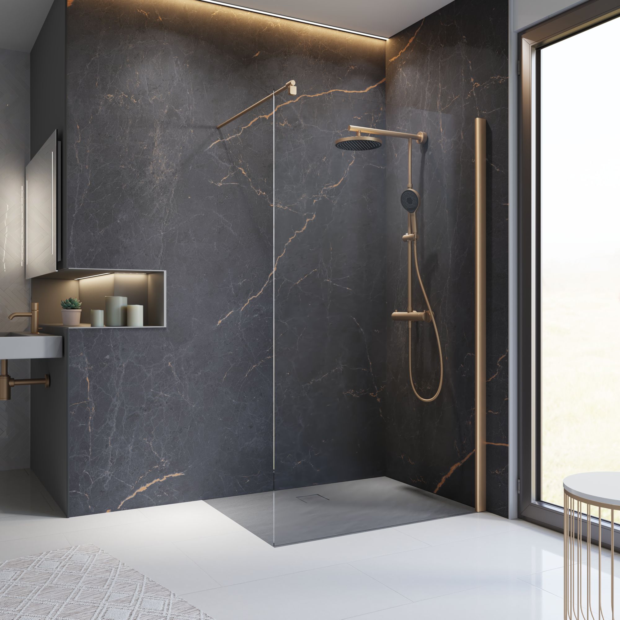 Schulte pack de 2 panneaux muraux 100x210cm, revêtement pour douche et salle de bains, placement facile, DécoDesign SOFTTOUCH marbre anthracite cuivre - 3