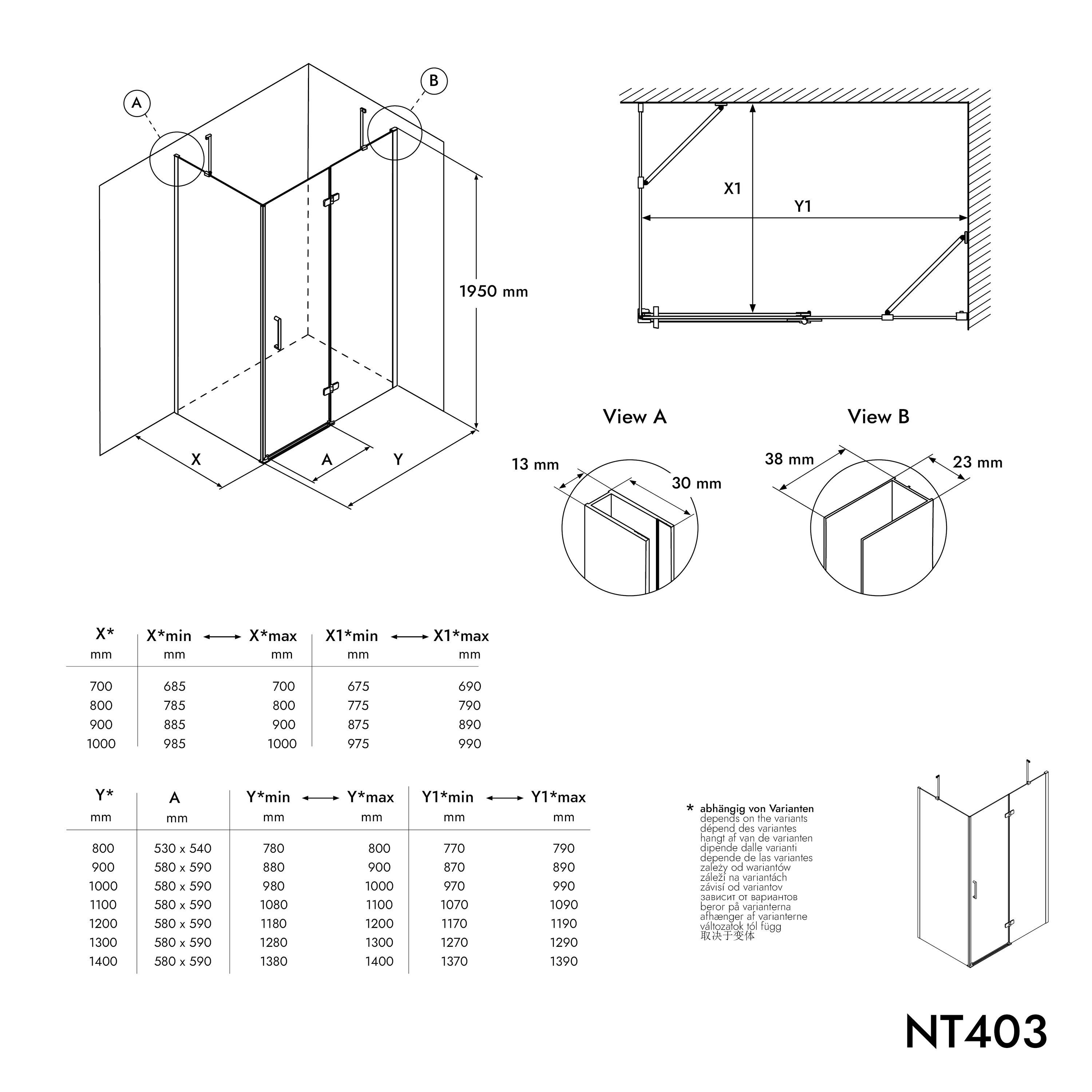 Bernstein Kabina prysznicowa narożna NT403R drzwi uchylne zawias prawy - 100x90 cm - 6