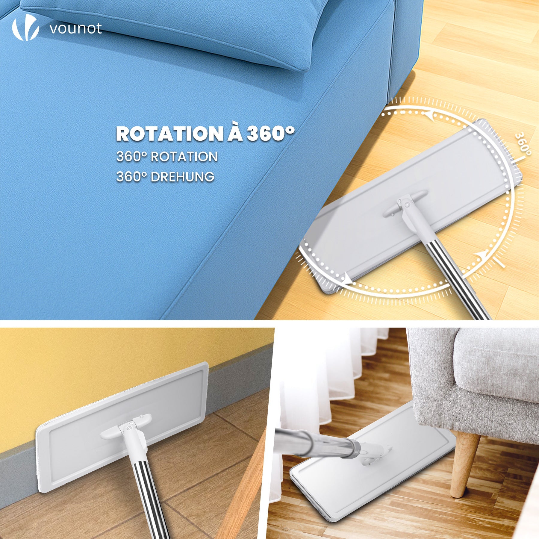 Balai plat microfibre avec seau essoreur auto-lavage double compartiment - 6 serpillères réutilisables - blanc - VOUNOT® - 4