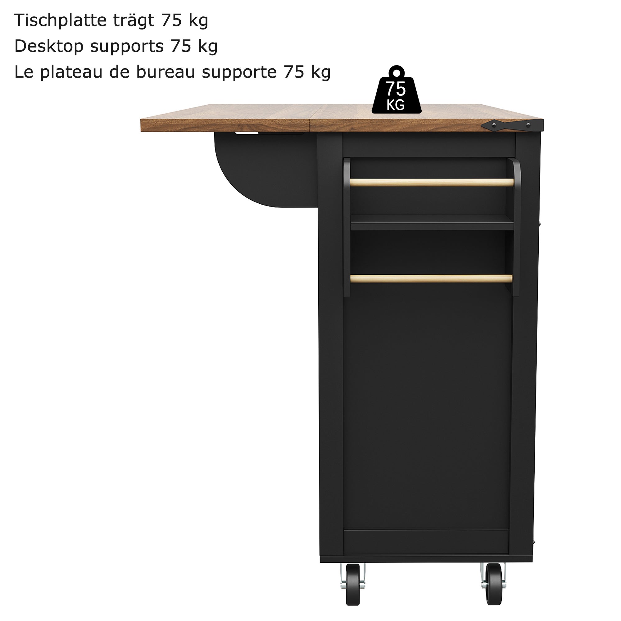 Chariot de cuisine noir avec plan de travail coulissant, îlot de cuisine avec 4 portes et 2 tiroirs, mobilier de salle à manger finition bois - 9