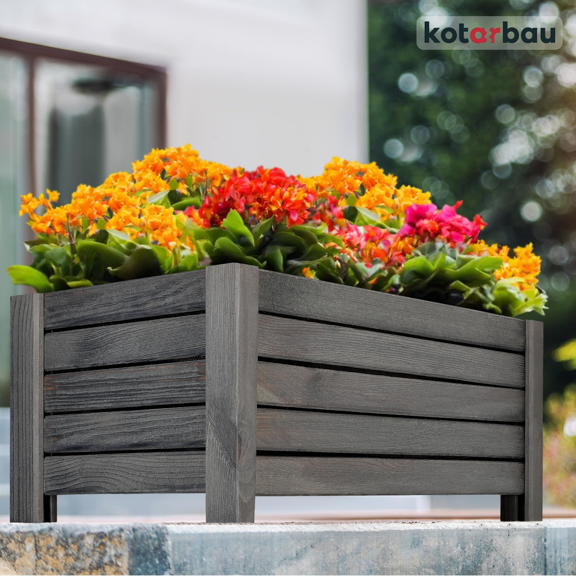KOTARBAU Pot de fleurs en bois 60 x 33 x 25 cm Jardinière en pin carbonisé Pot de plantes Jardinière - Idéal pour jardin terrasse balcon - Anthracite - 2