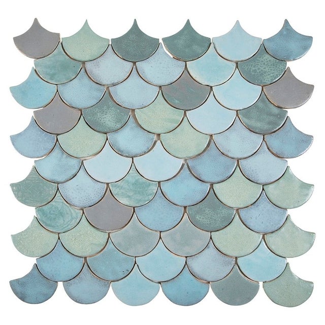Piastrelle a squame blu, verdi, blu scuro 'Norwegian Fjord' 0,3 m²/scatola, 49 piastrelle 10,2×9 cm - bagno, cucina, soggiorno