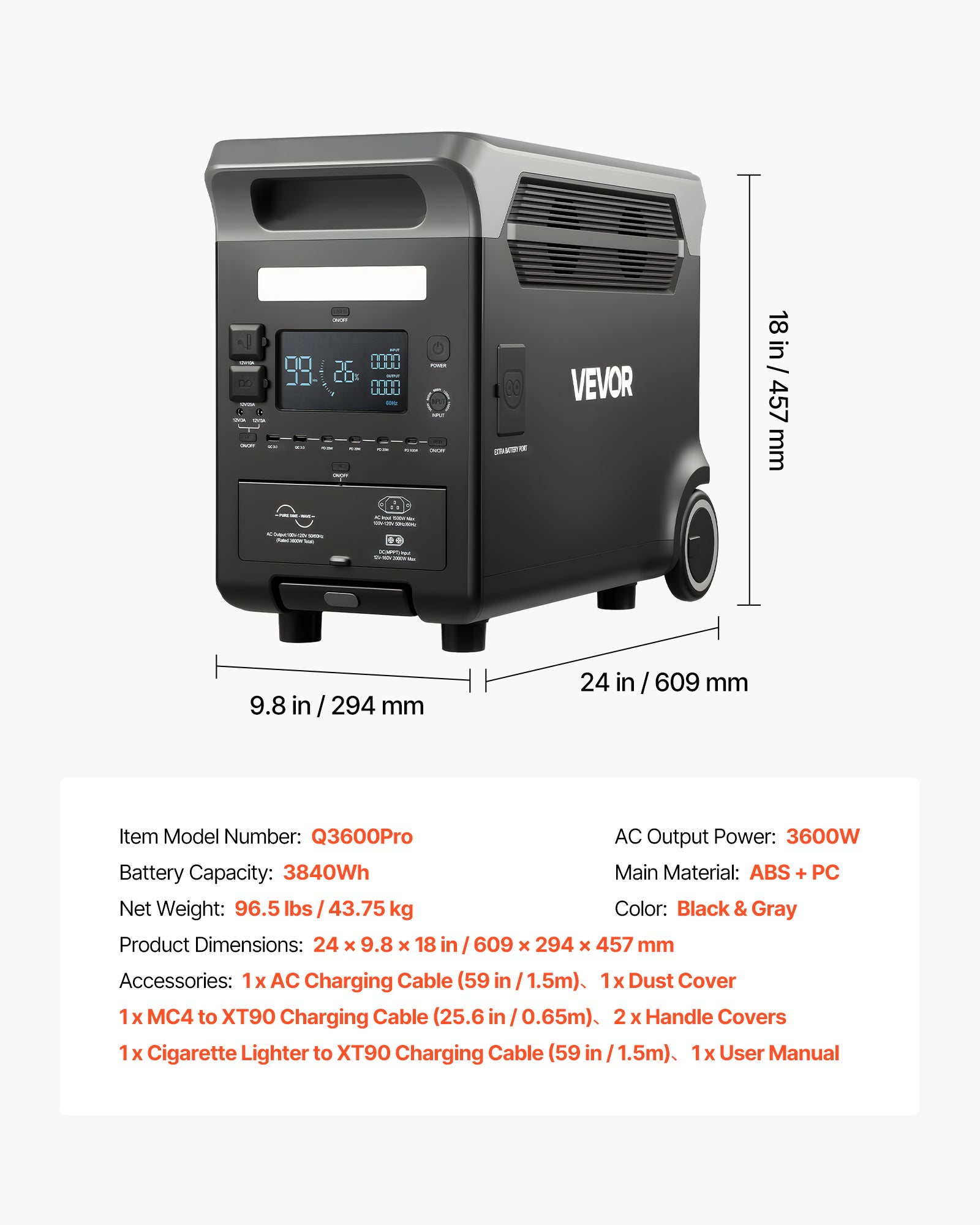 Station Électrique Portable VEVOR, Générateur Solaire 3600 W 3840 Wh avec 10 Sorties, Batterie de Secours LiFePO4 Extensible pour Camping-car - 7
