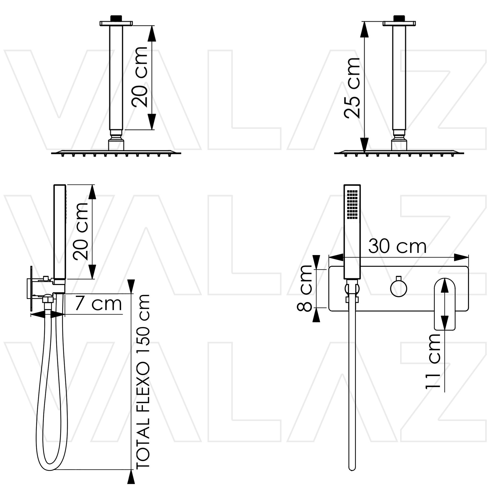 Valaz Douche carrée monocommande encastrée noir mat - Série Miño - 40 cm - 2