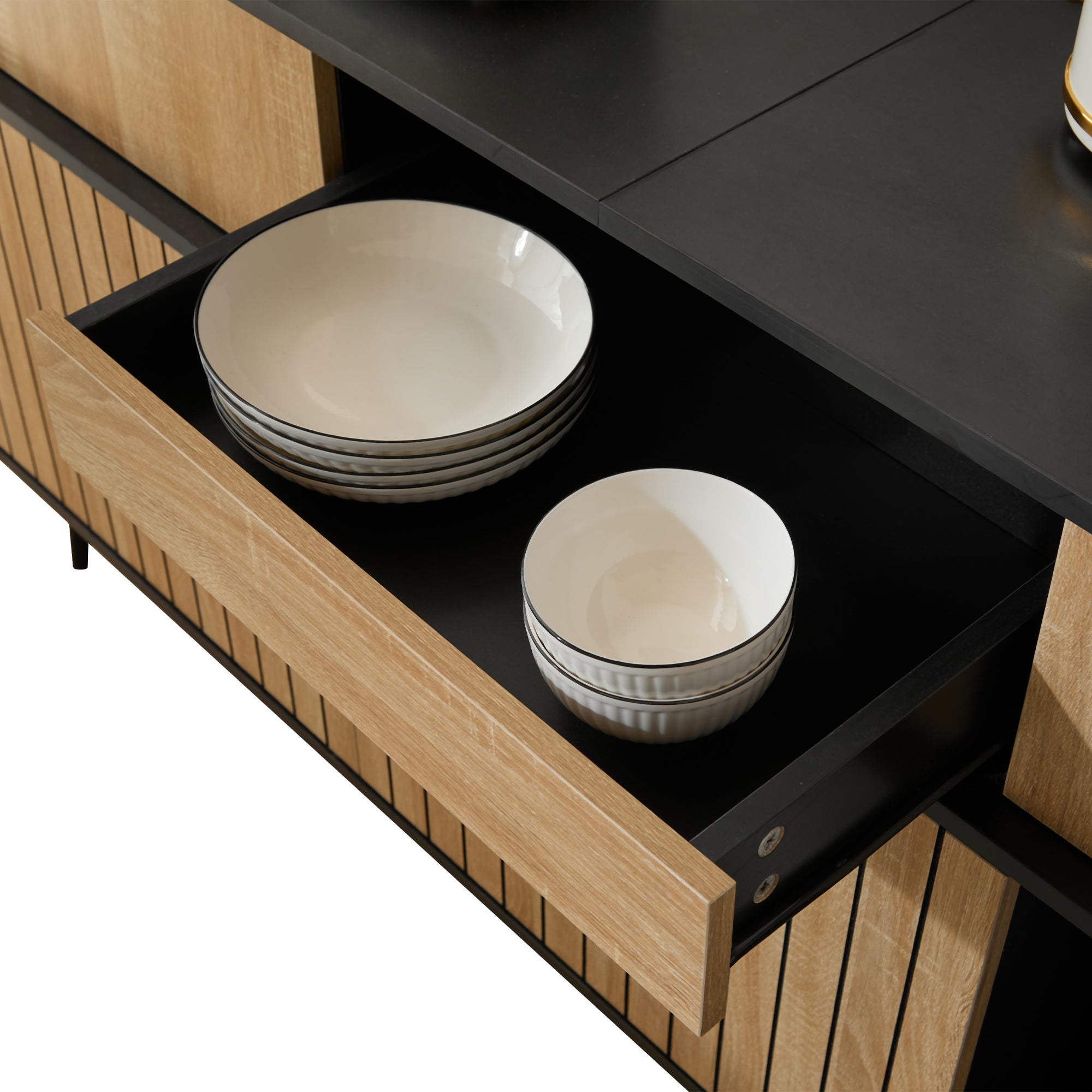 Credenza moderna - 4 ante scorrevoli e 1 cassetto - con ripiani regolabili - Naturale e Nero - 5