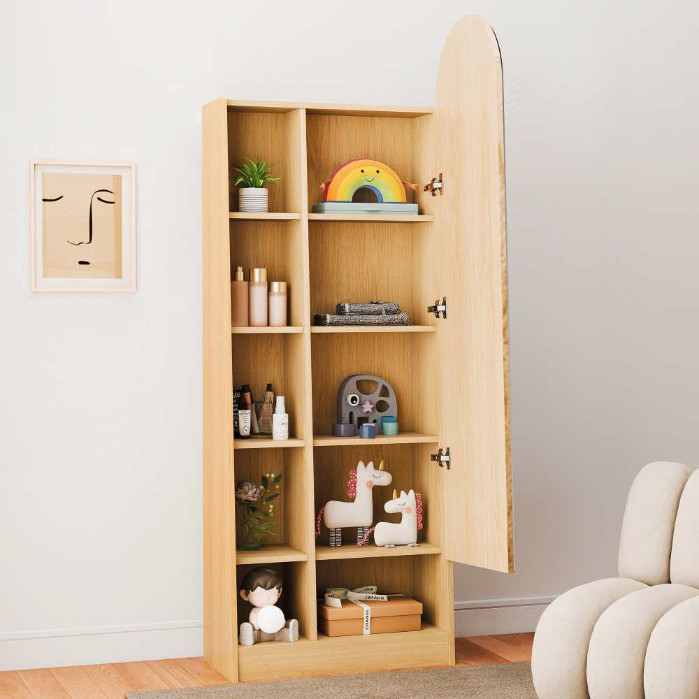 Armoire à chaussures avec miroir, colonne avec rangement et étagères réglables, bois naturel - 8