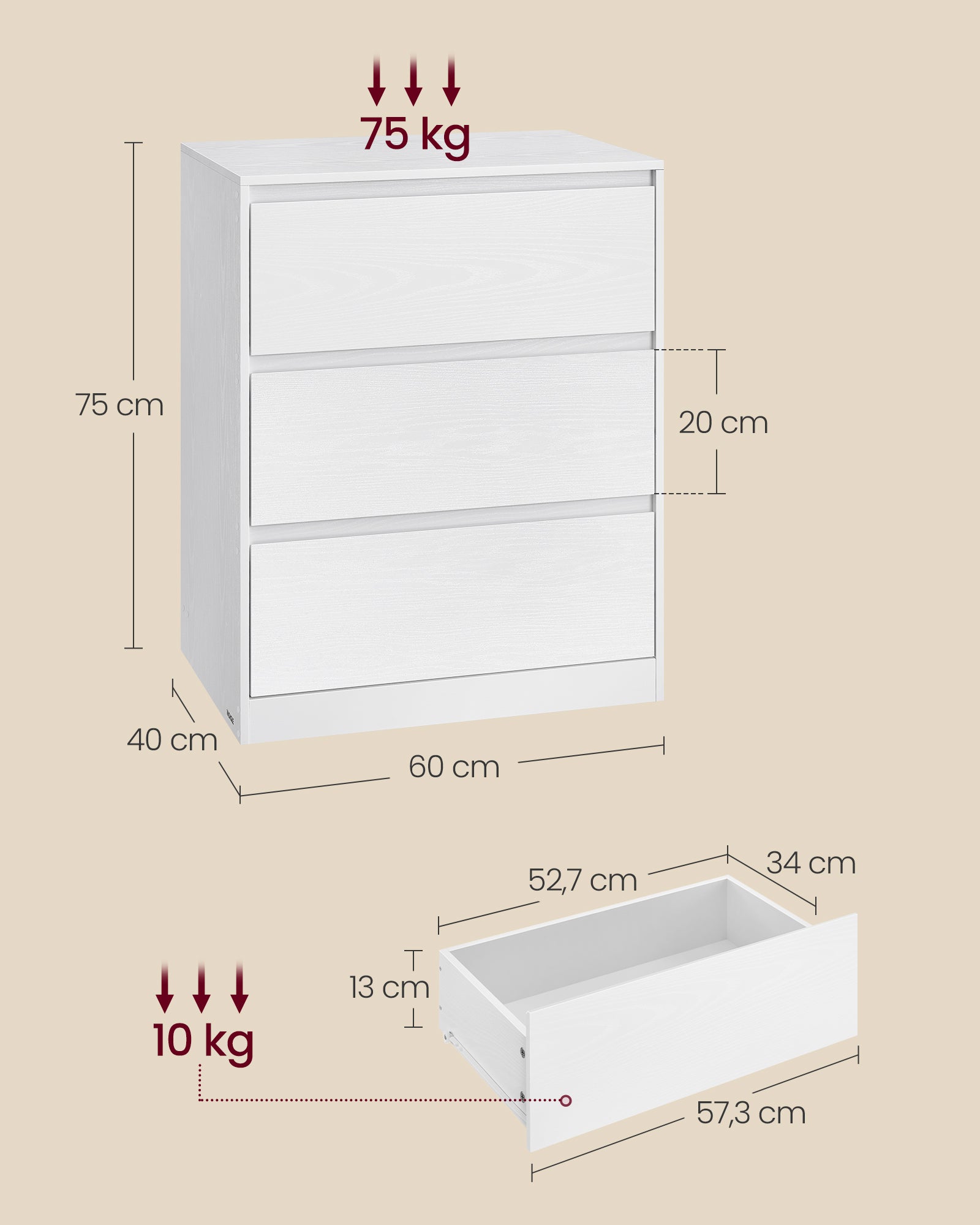 KAILYN Collection - Commode Chambre 3 Tiroirs, Armoire de Rangement, Meuble à Vêtements, 40 x 60 x 75 cm, Style Moderne, Blanc Neige - 5