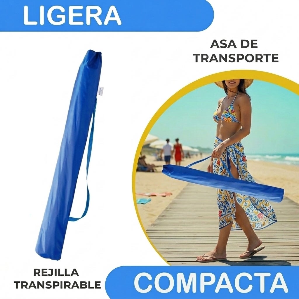Sombrilla Playa Plegable 180cm Anti Viento con Soporte Arena Protección Solar de Raya Azul - 6