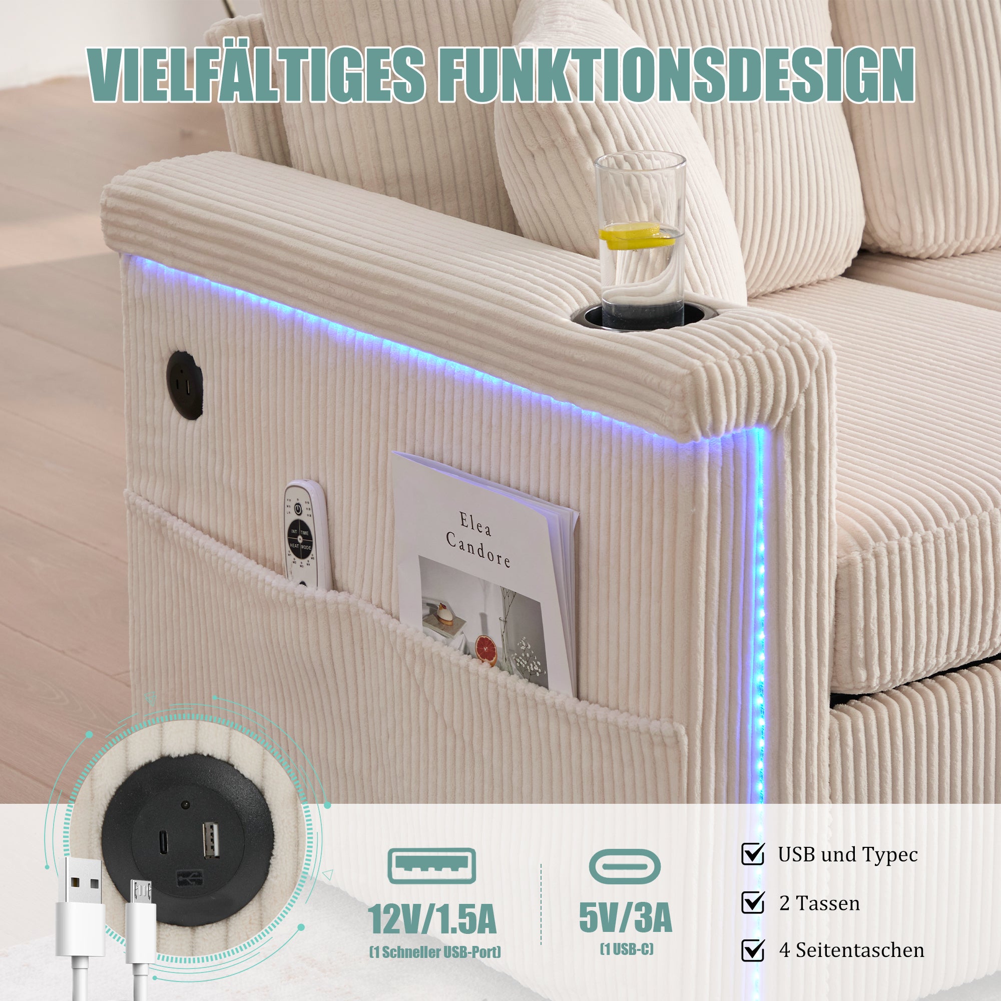 Canapé velours premium beige - Éclairage LED + port USB-C - Repose-pieds rangement + porte-gobelets - Salon/bureau - 6