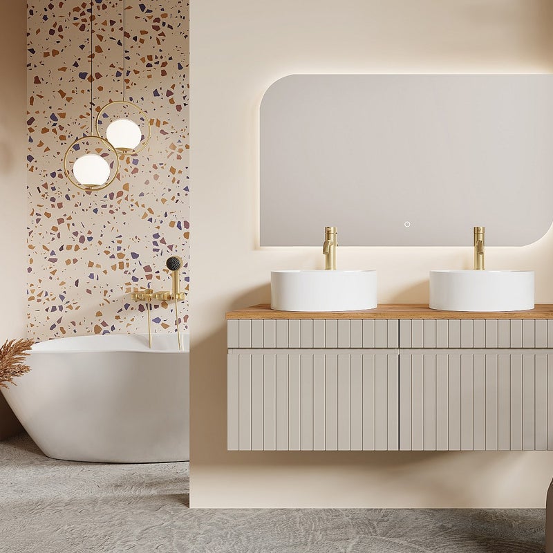 Wisząca szafka łazienkowa prążkowana beżowa z okrągłą umywalką nablatową - 120 cm - SATARA