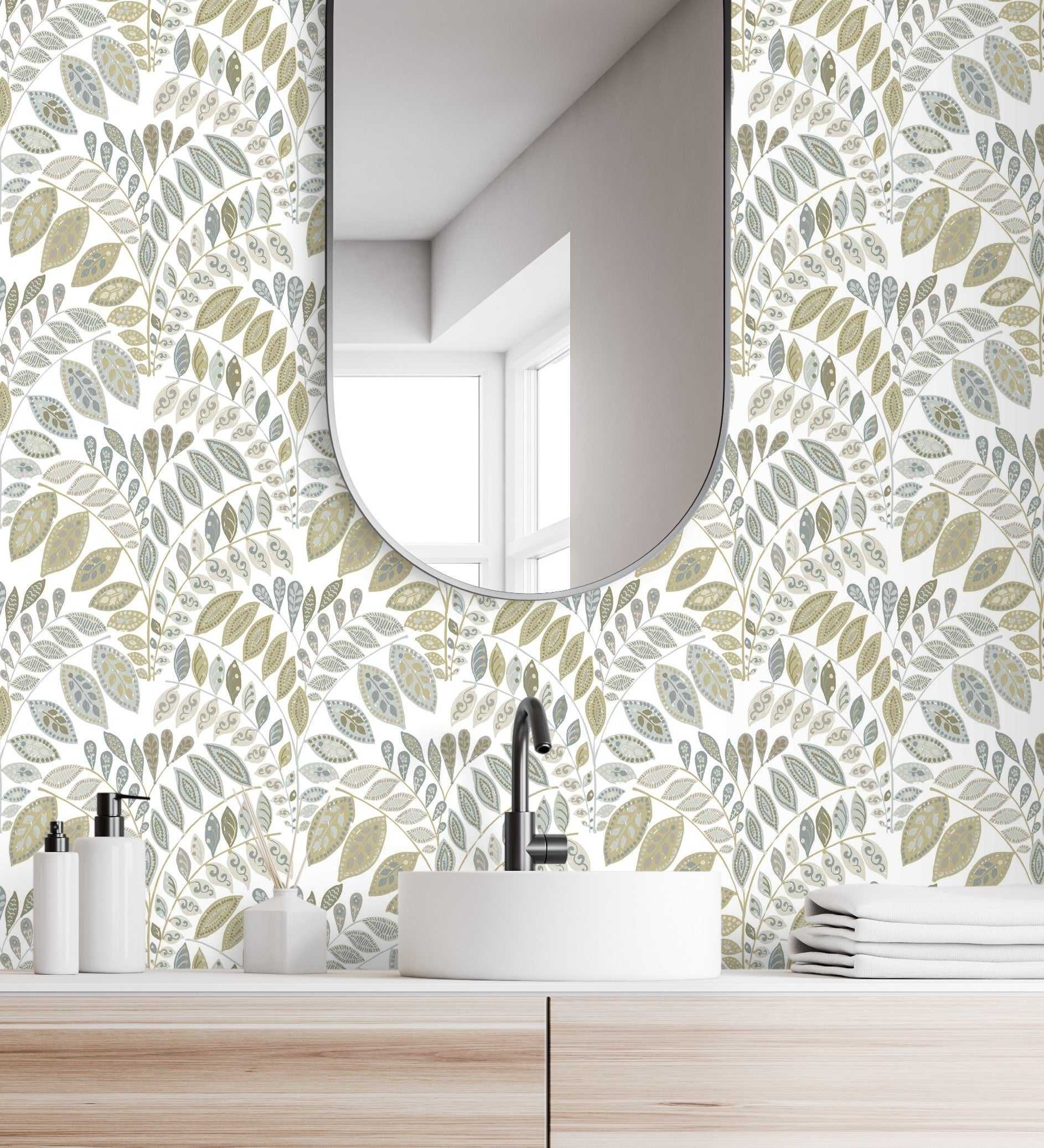 Papel pintado vinílico ecológico nórdico de hojas beige y grises - sandy springs 679437 de gaulan - rollo de 10 m x 0,53 m