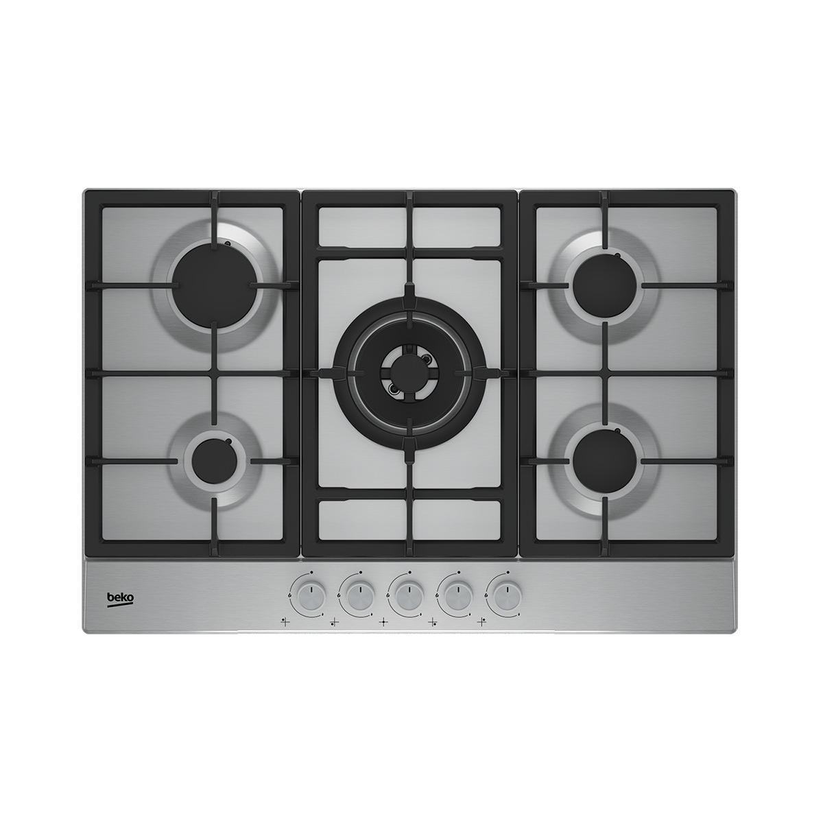 Placa de cocina empotrada beko haw752c5sx de 75 cm y 5 quemadores a gas en acero inoxidable