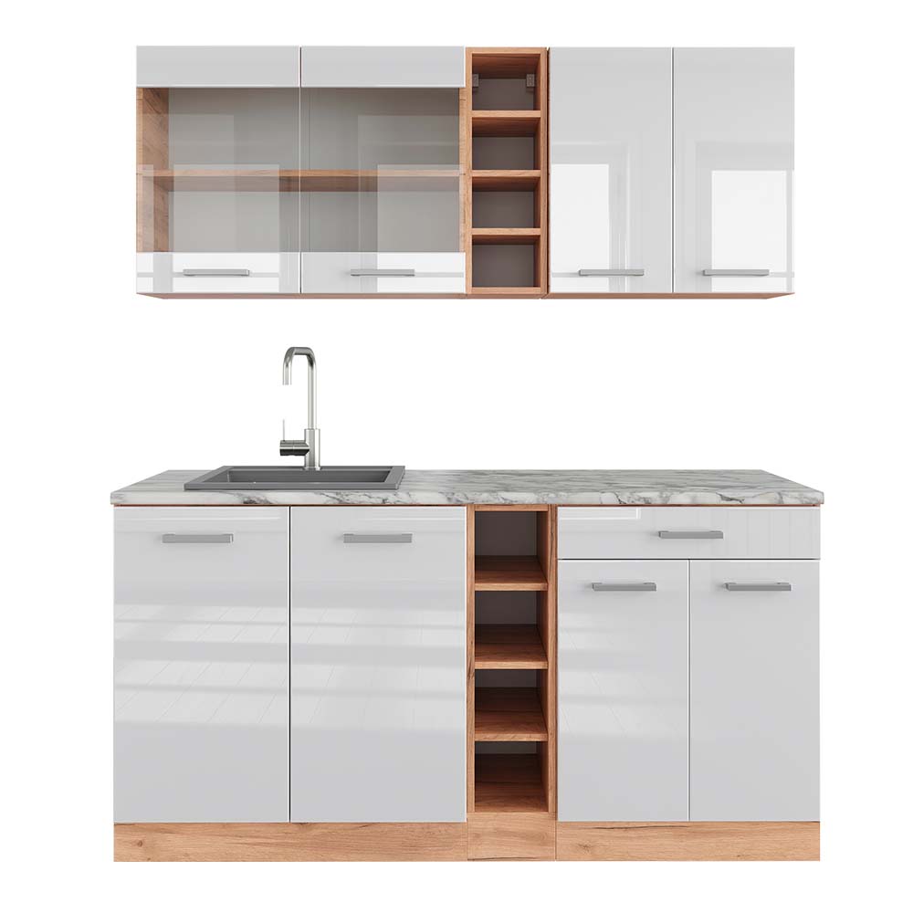 Vicco Pojedyncza kuchnia R-Line, Biały wysoki połysk/złoty dąb power, 160 cm , BP Marmur