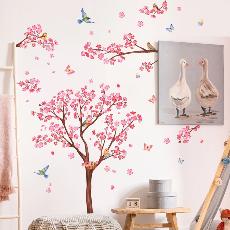 decalmile Stickers Muraux Branche de Fleurs Rose Autocollant Mural Fleurs de Cerisier Floral Arbre Aquarelle Décoration Murale Chambre Enfants Bébé Salon TV Mur