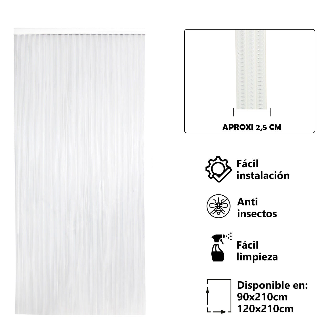Aitsse- cortina de pvc para puerta exterior o interior con barra de aluminio (210x90cm, transparente+filo blanco p16)