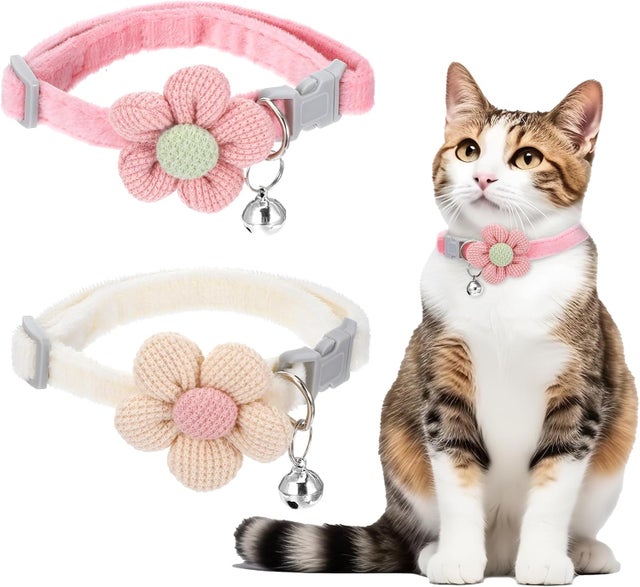 Coleira para gatos com sino, estampa floral para animais de pequeno porte, coleira para gatos, cachorros e coelhos (rosa, bege)