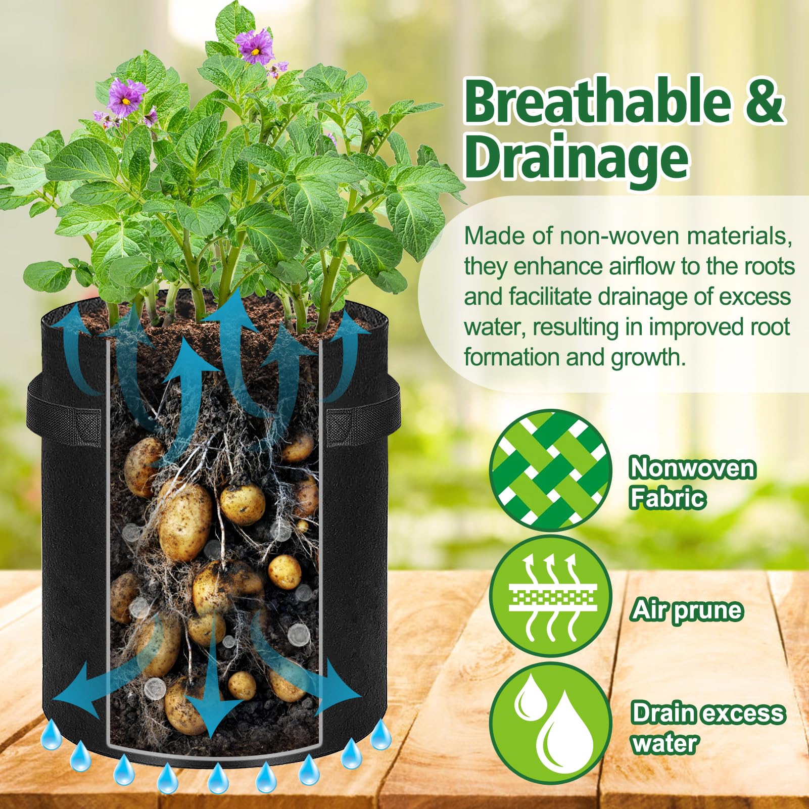 Set di 3 sacchi per piantare, sacchi per piante in tessuto non tessuto con ventilazione, vasi traspiranti e manici per casa e giardino (25D22H) | Leroy Merlin
