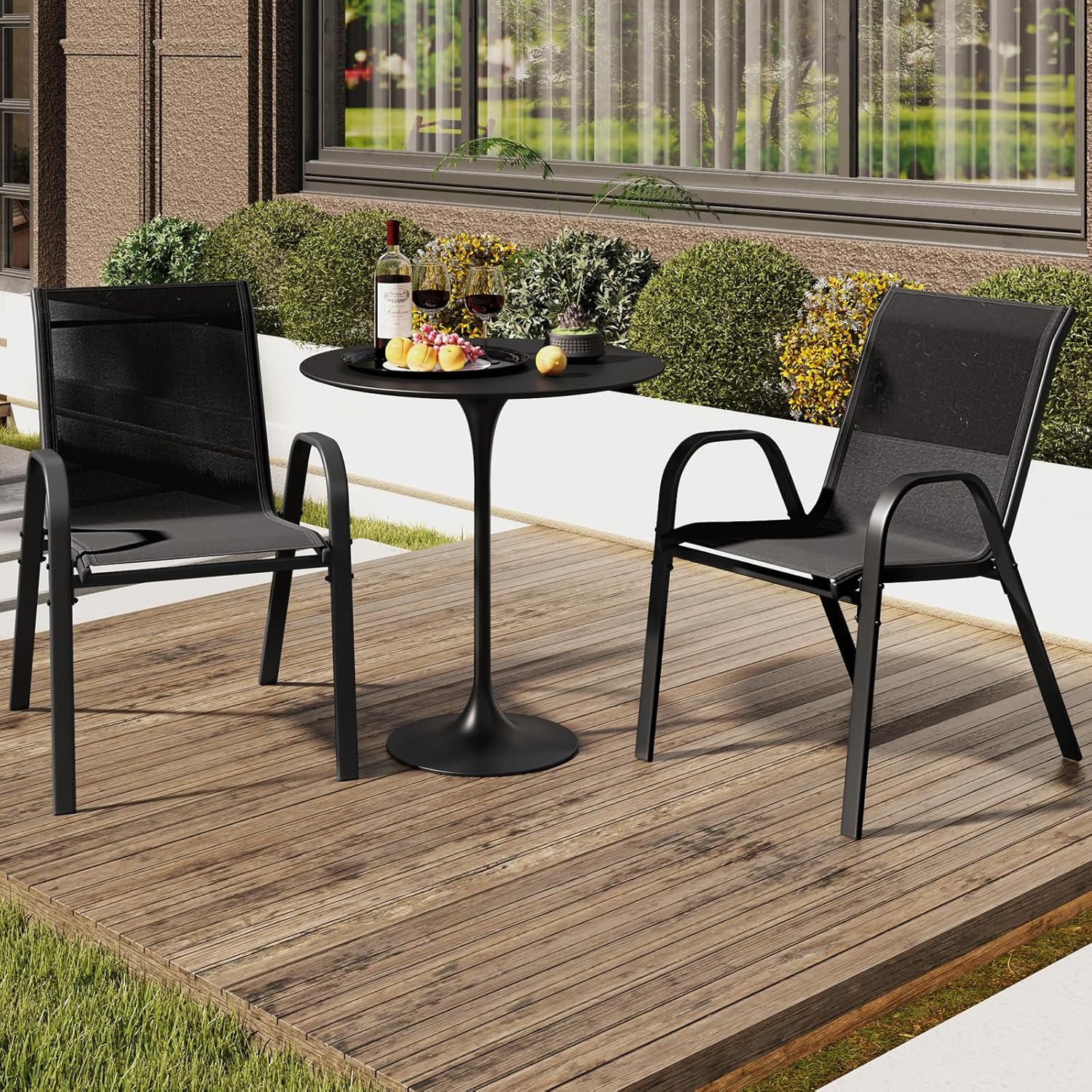 Lot de 4 Chaises de Jardin Extérieur Métal et Textilène, Fauteuil de Jardin Empilable avec Accoudoirs et Dossier, 56x70x84cm, Charge 150kg, Noir - 5