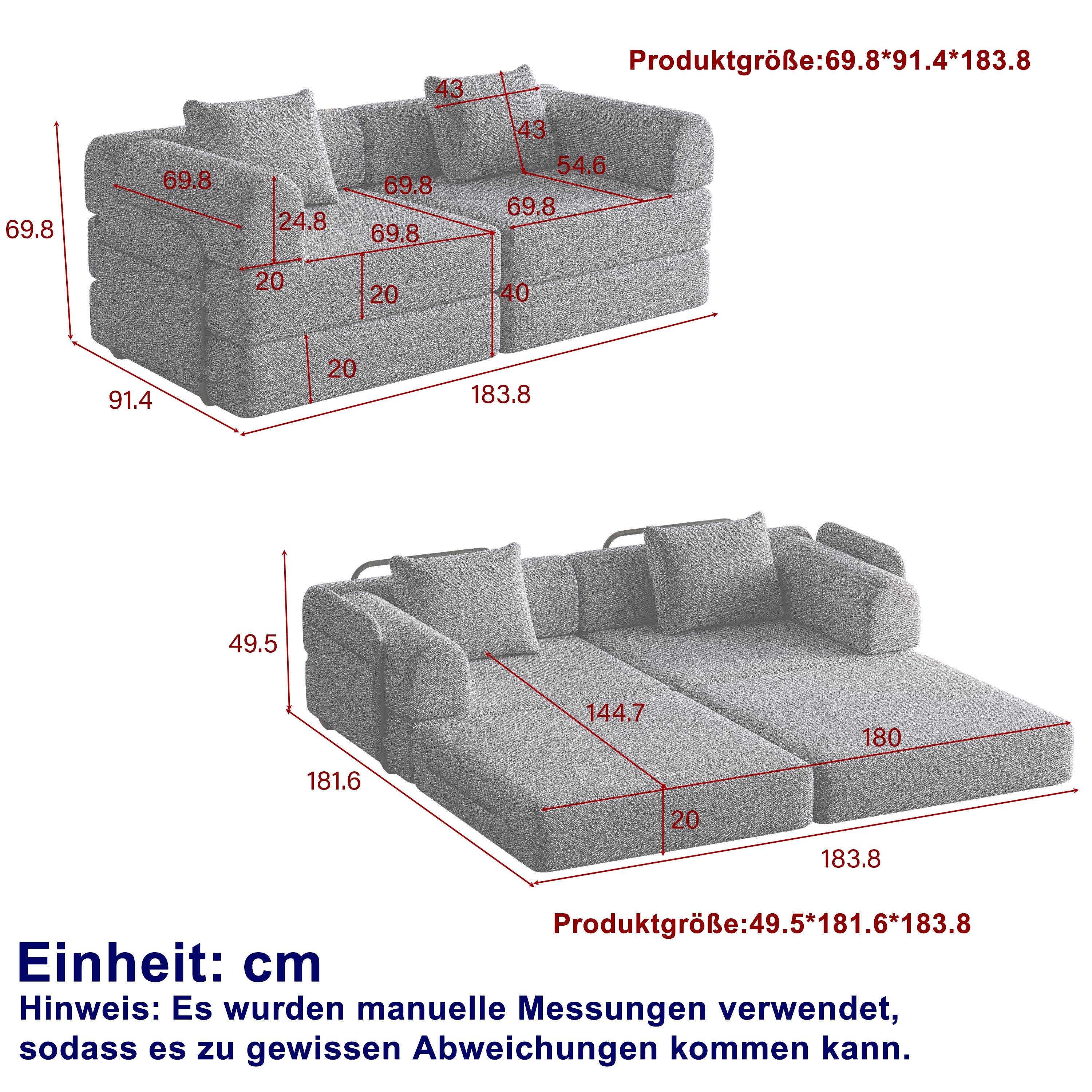 Canapé convertible 2-en-1, 2 places, design breveté, rangement accoudoir, 3 cadres métal, configurations multiples, chenille, Beige, 183x91x70 cm - 4