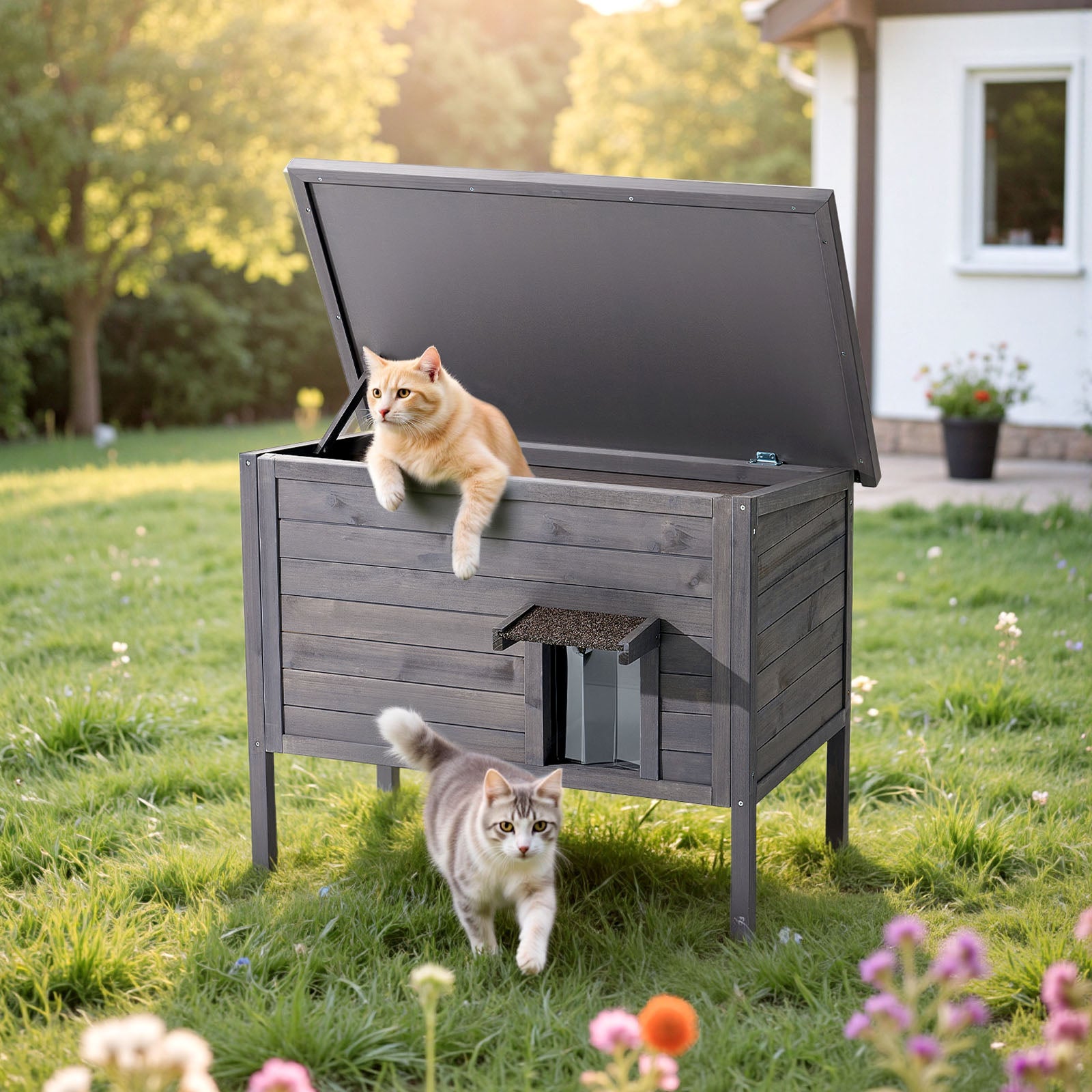 Casa para gatos aquecida VEVOR, madeira+PVC, 87×53,5×69 cm, almofada térmica, teto asfáltico abrível, 1–3 gatos exterior, inverno - 8