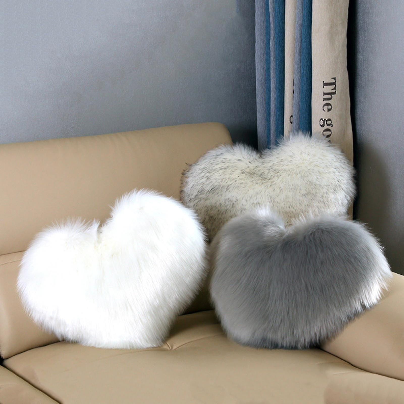 Double Machine L Coussin cœur peluche fausse fourrure long poil, blanc, 40x50 cm, double ...