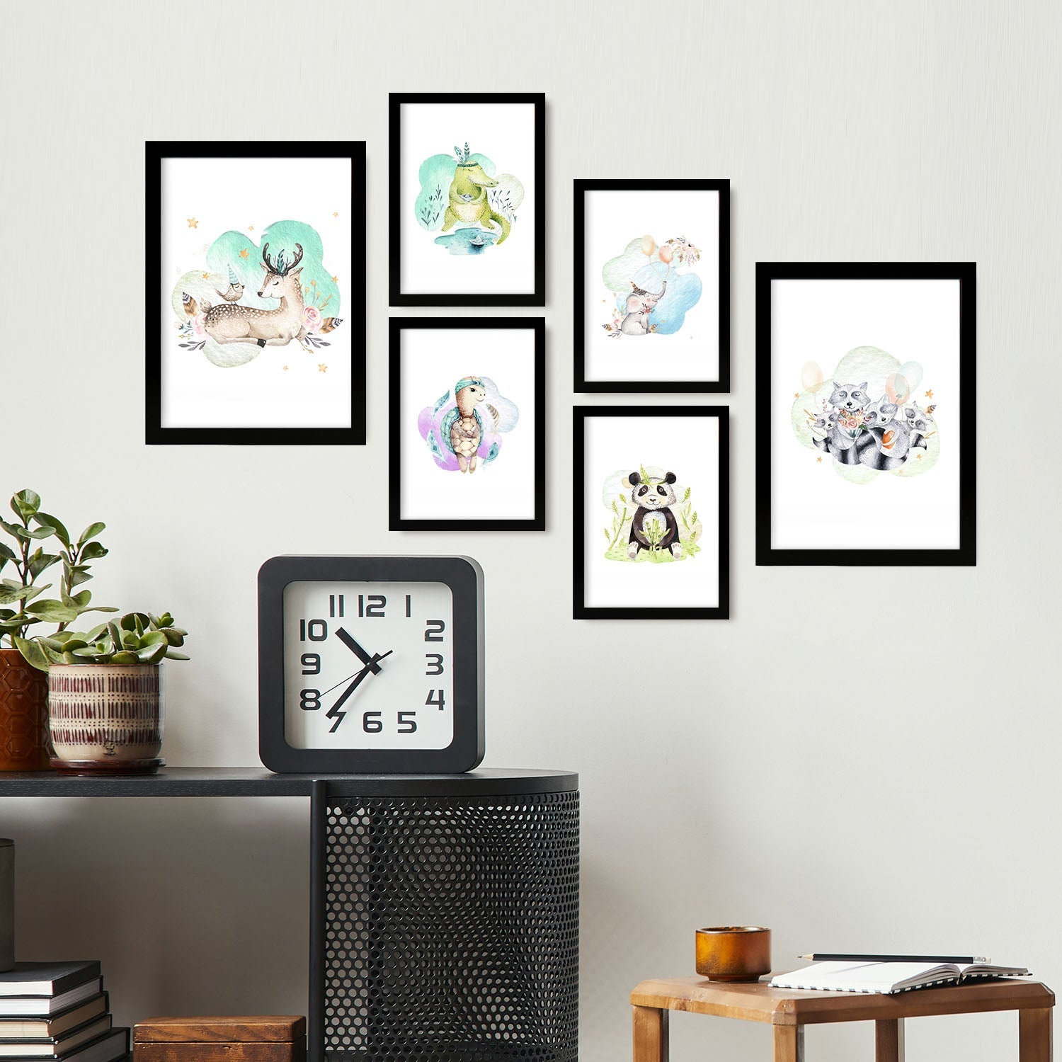 Posters de familias animales ilustraciones de fondo blanco con adorables animales en estilo acuarela pastel diseño moderno para la a4 & a3 sin marco
