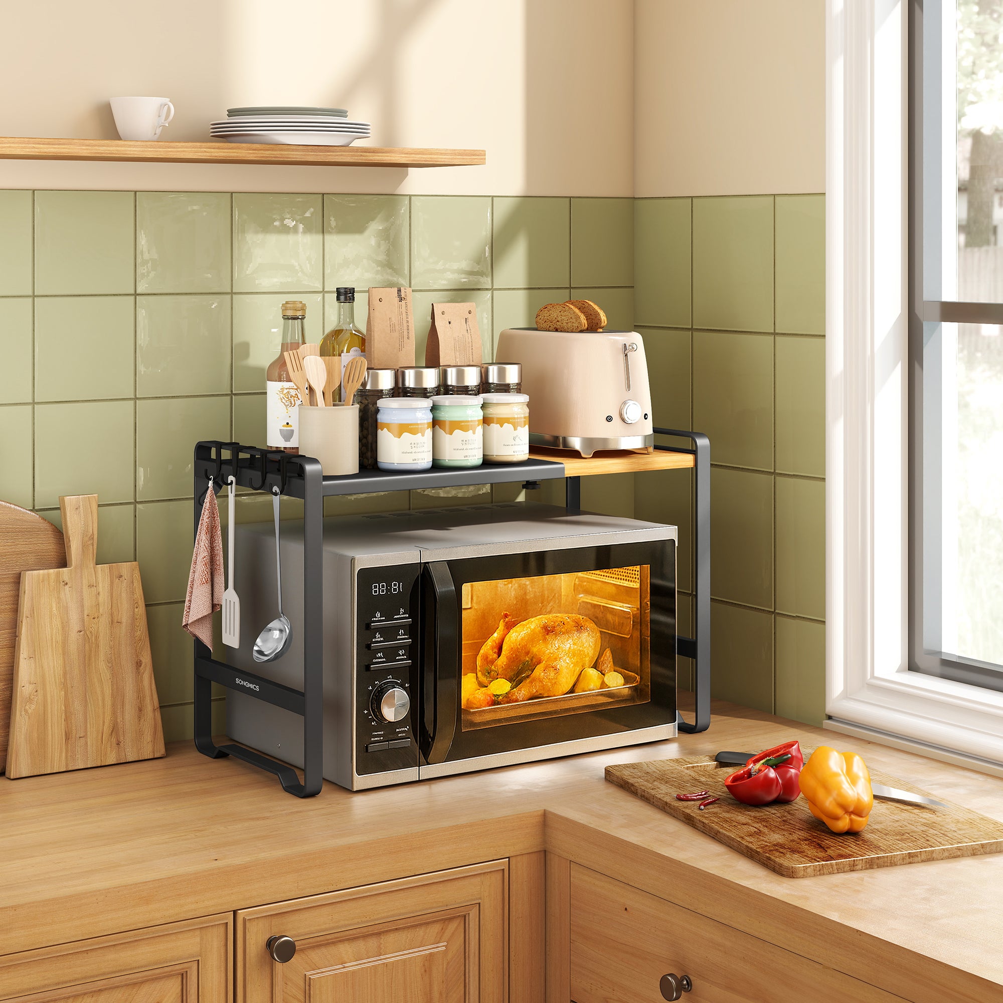 Estante Expandible para Microondas, Soporte para Microondas, Anchura Ajustable 41,5-64 cm, para Cocina, 4 Ganchos, Negro - 2