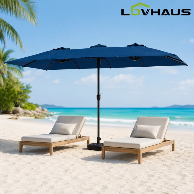 Parasol droit double rectangulaire 4,5m acier de jardin terrasse avec manivelle toile anti-UV Bleu foncé Sans base LOVHAUS