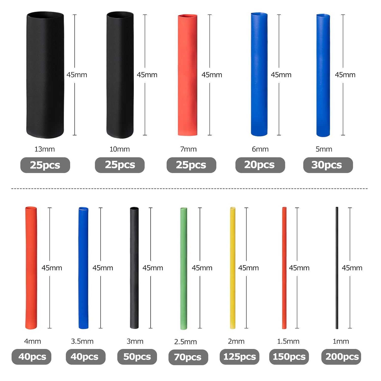 800 Pièces Gaine Thermorétractable Etanche, Assortiment de tubes Noir Bleu Rouge Jaune Vert - 1 à 13 mm - pour Fil Electrique Câbles isolants - 5
