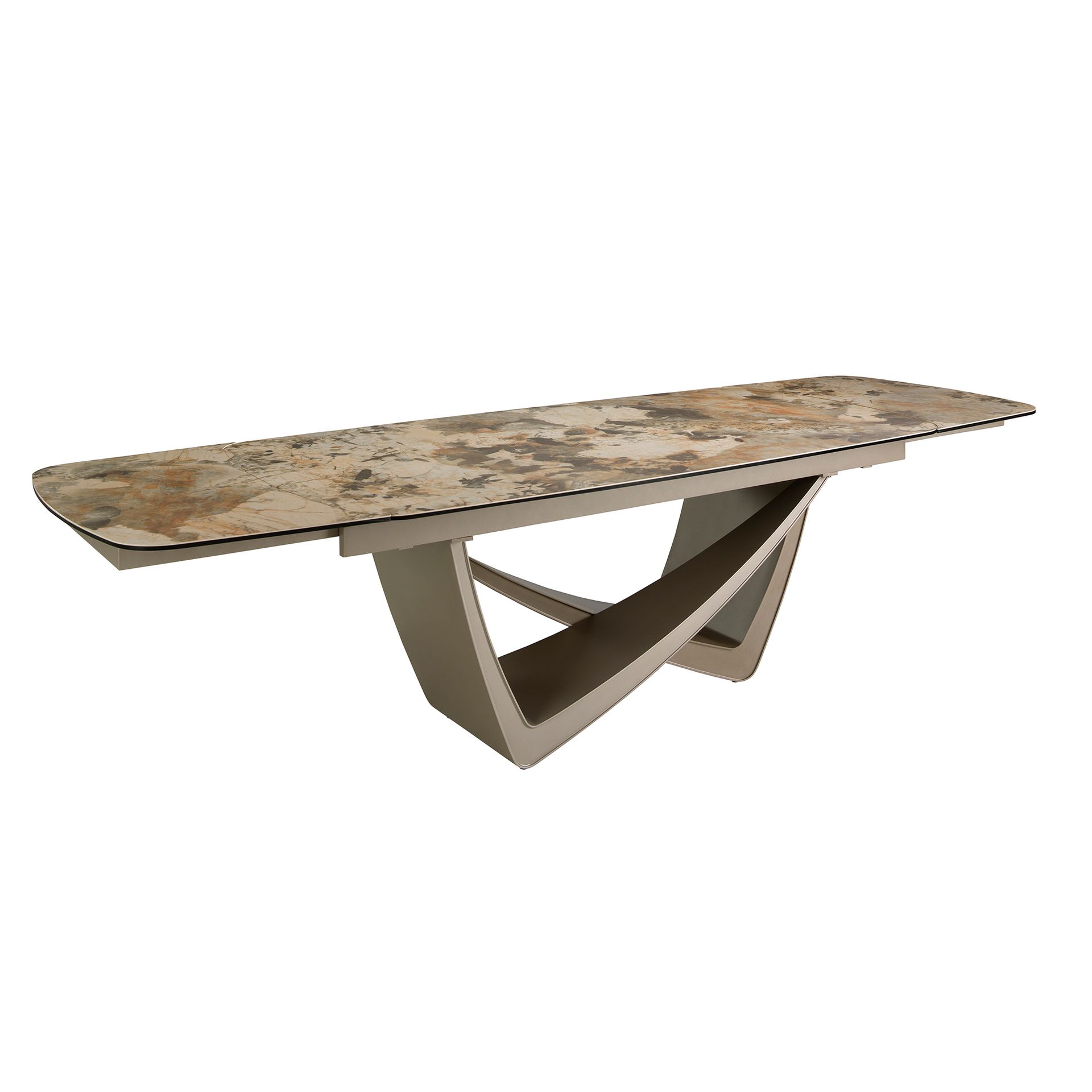 Owalny rozkładany stół do jadalni z owalną beczką z porcelanowego marmuru i metalicznej stali w kolorze taupe 200 x 100 x 76 cm